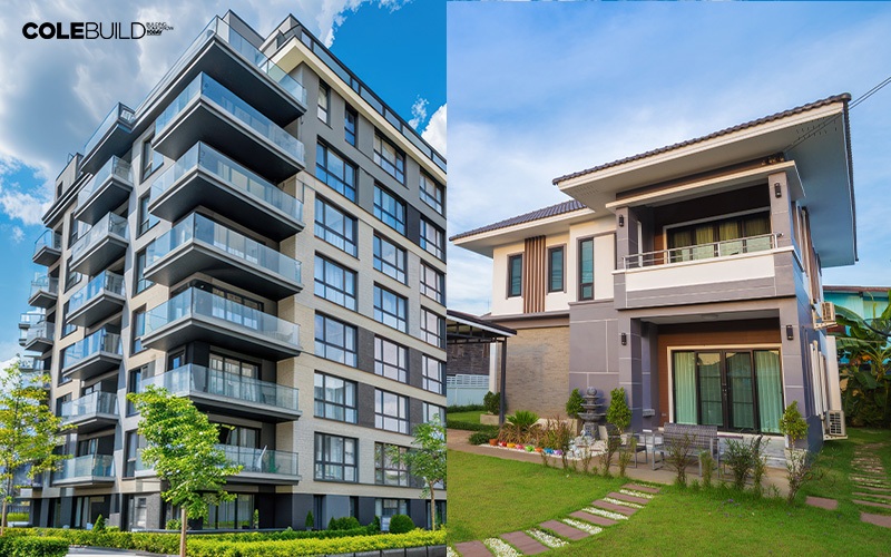 two images showcasing modern apartment buildings with sleek designs and contemporary architecture