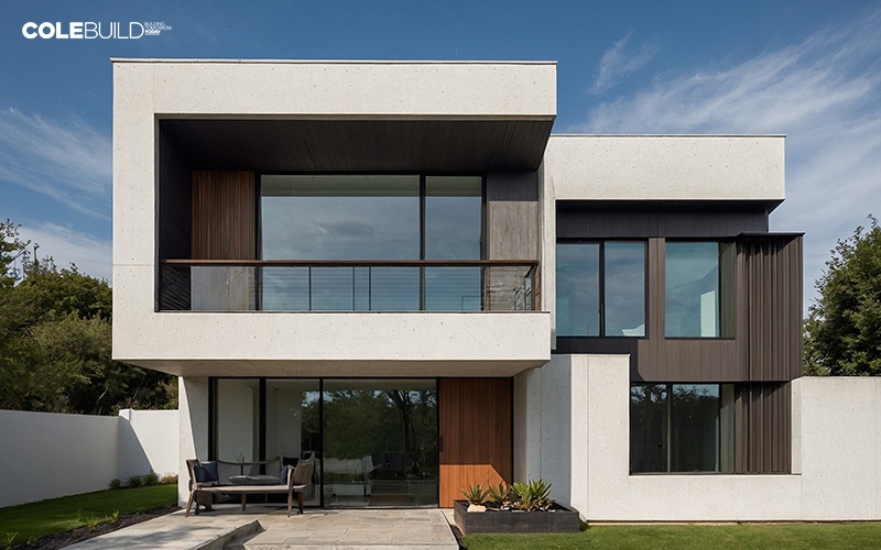 Contemporary two-story home with large glass windows and minimalist design