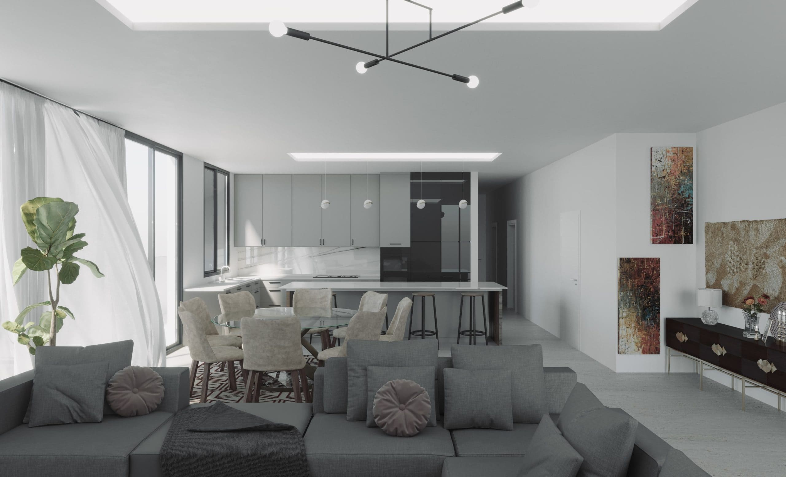 Modern living room with chair and lighting fixture.