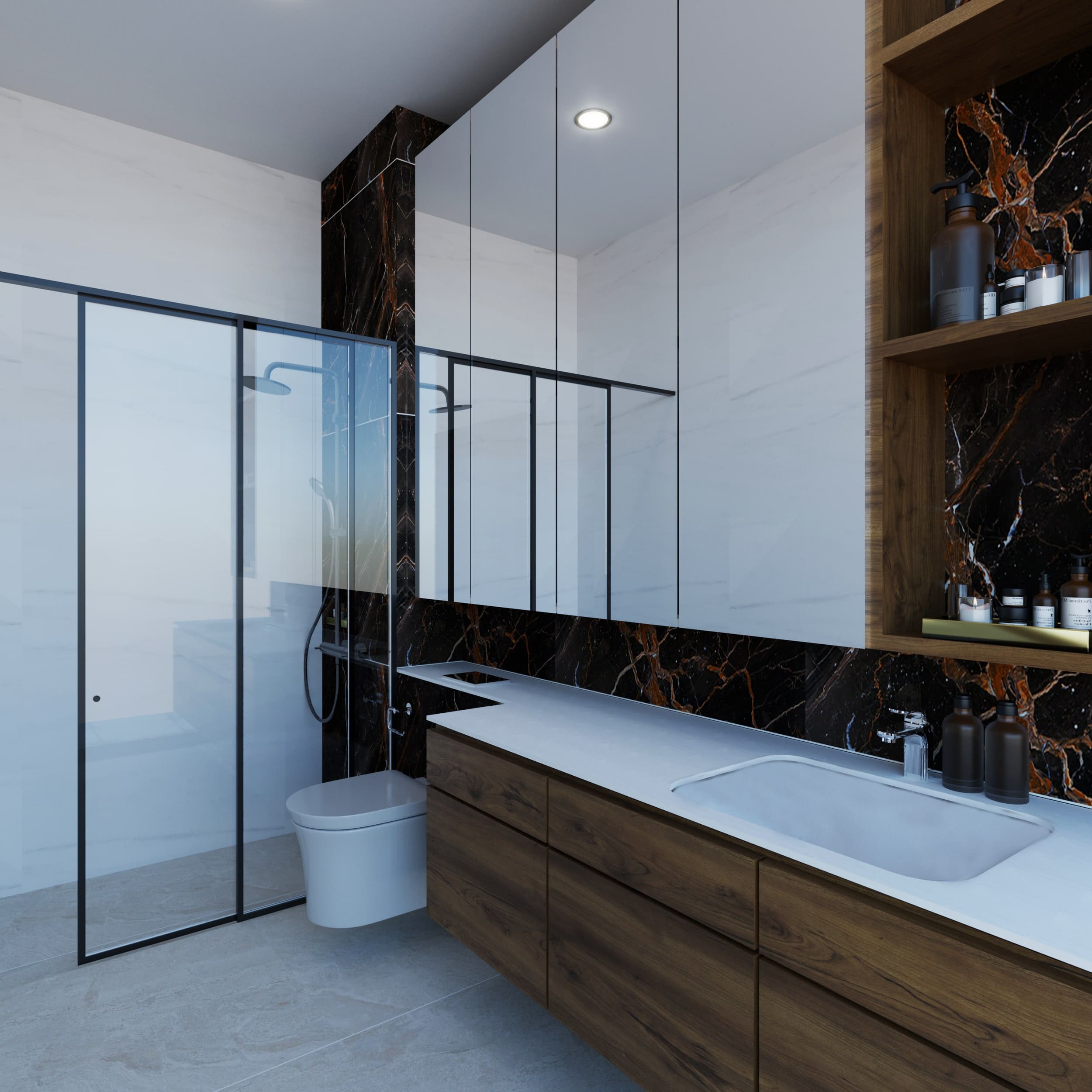 Bathroom countertop with plumbing fixture and mirror.