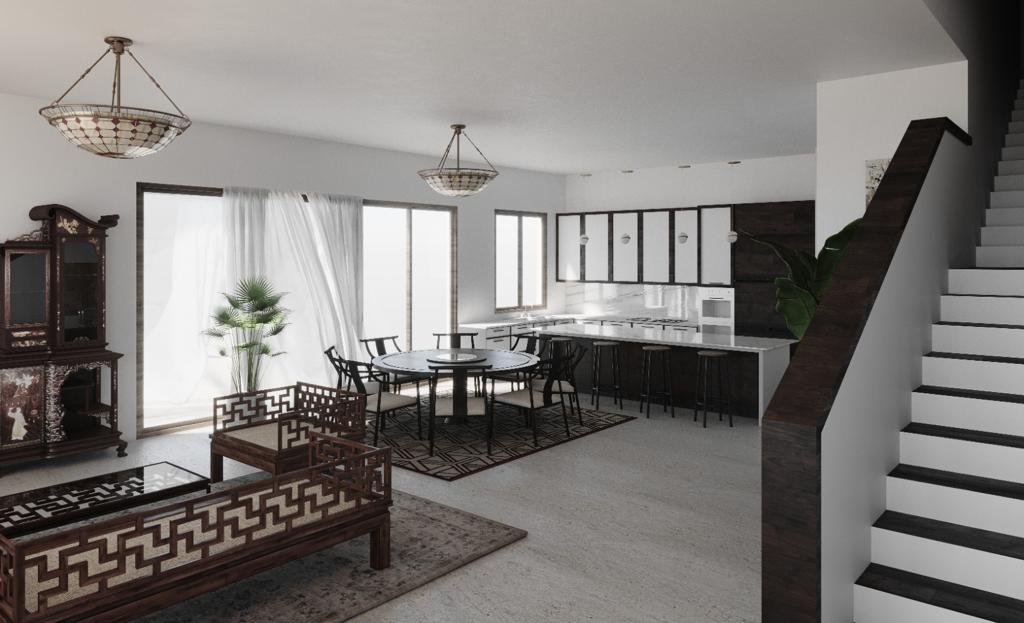 Modern dining room with wood table and chandelier lighting.