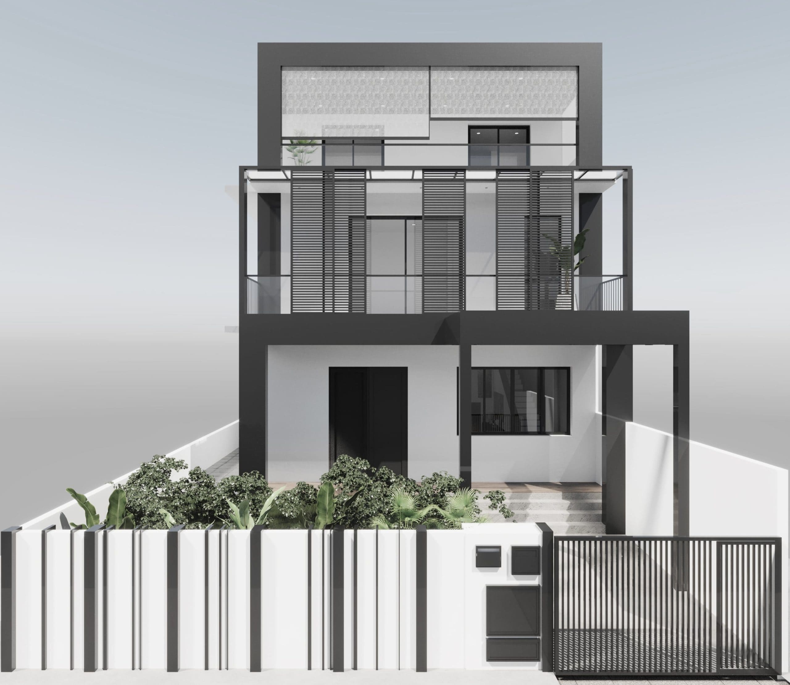 Modern villa with balcony and gate.
