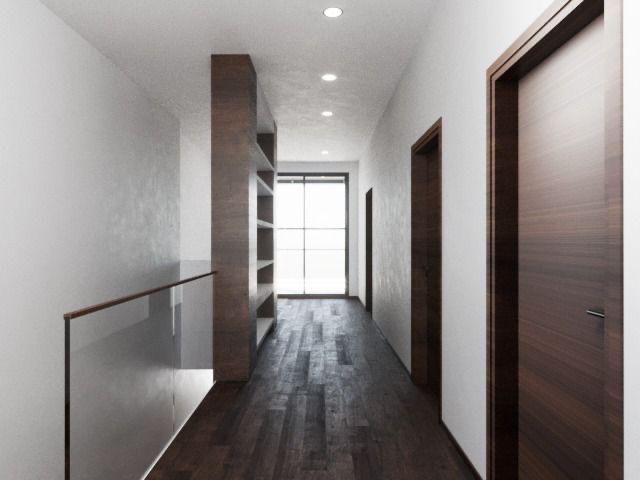 Modern apartment interior with hardwood laminate flooring.