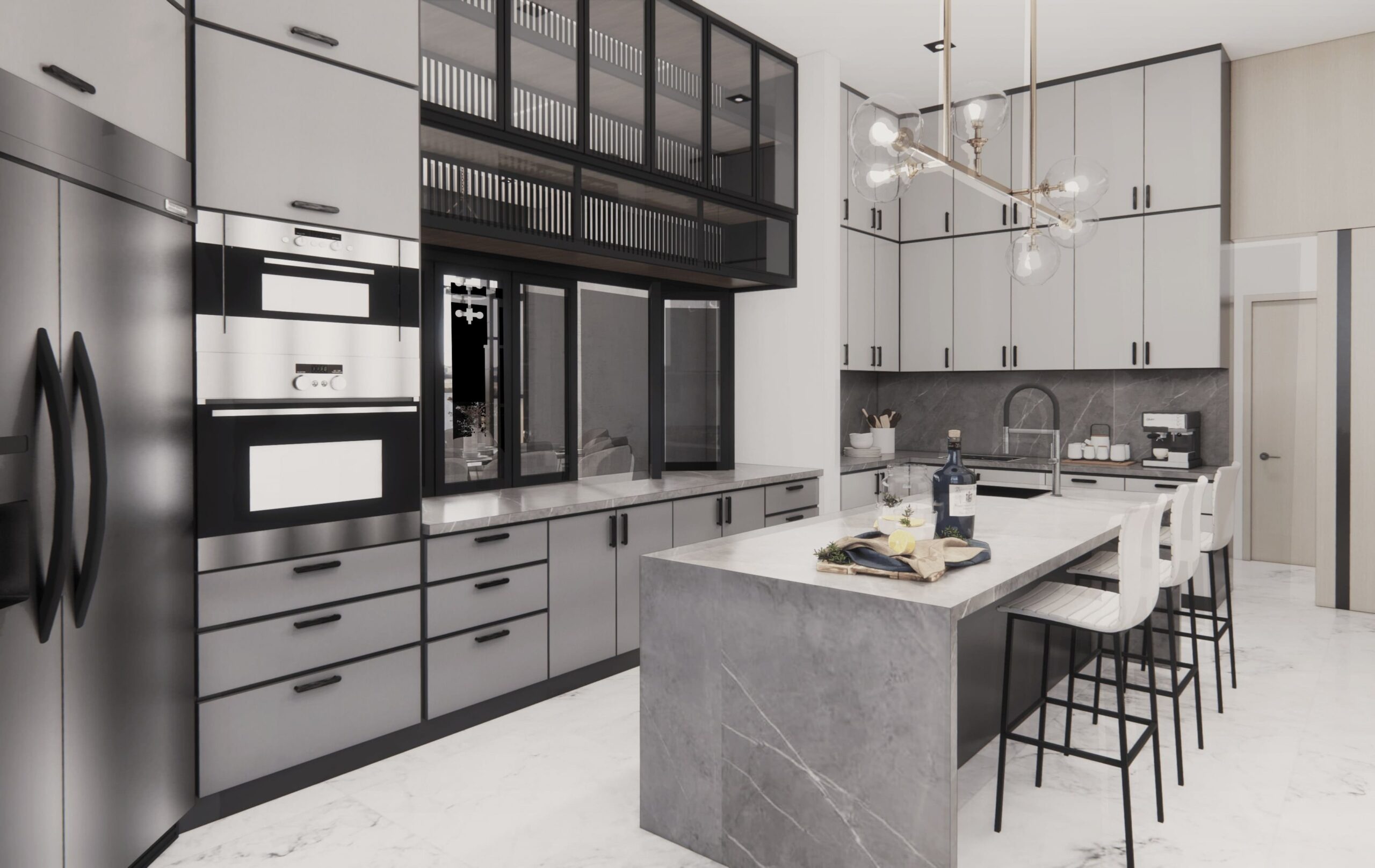 Modern grey kitchen with chair and lighting.