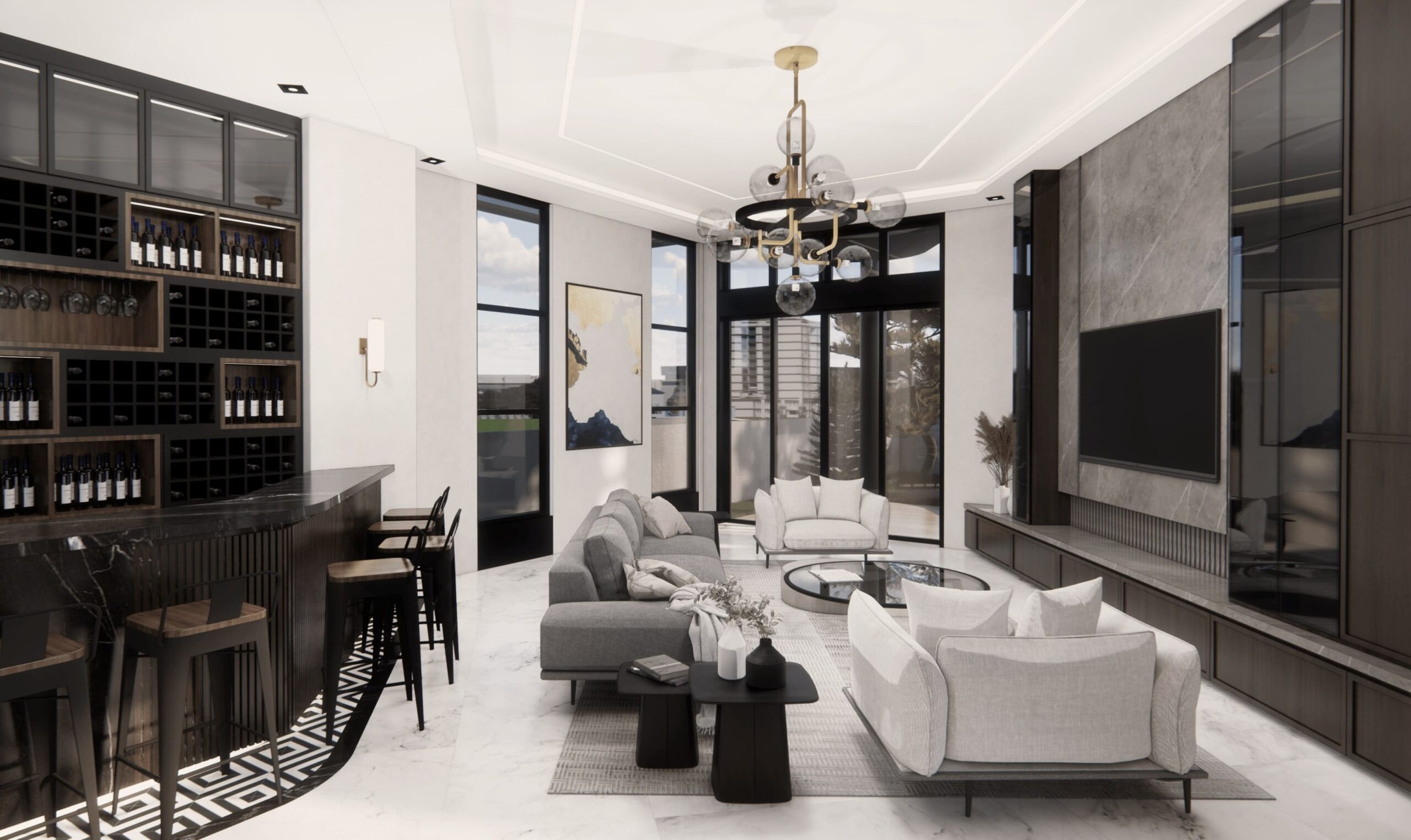 Modern apartment with furniture and lighting fixtures.
