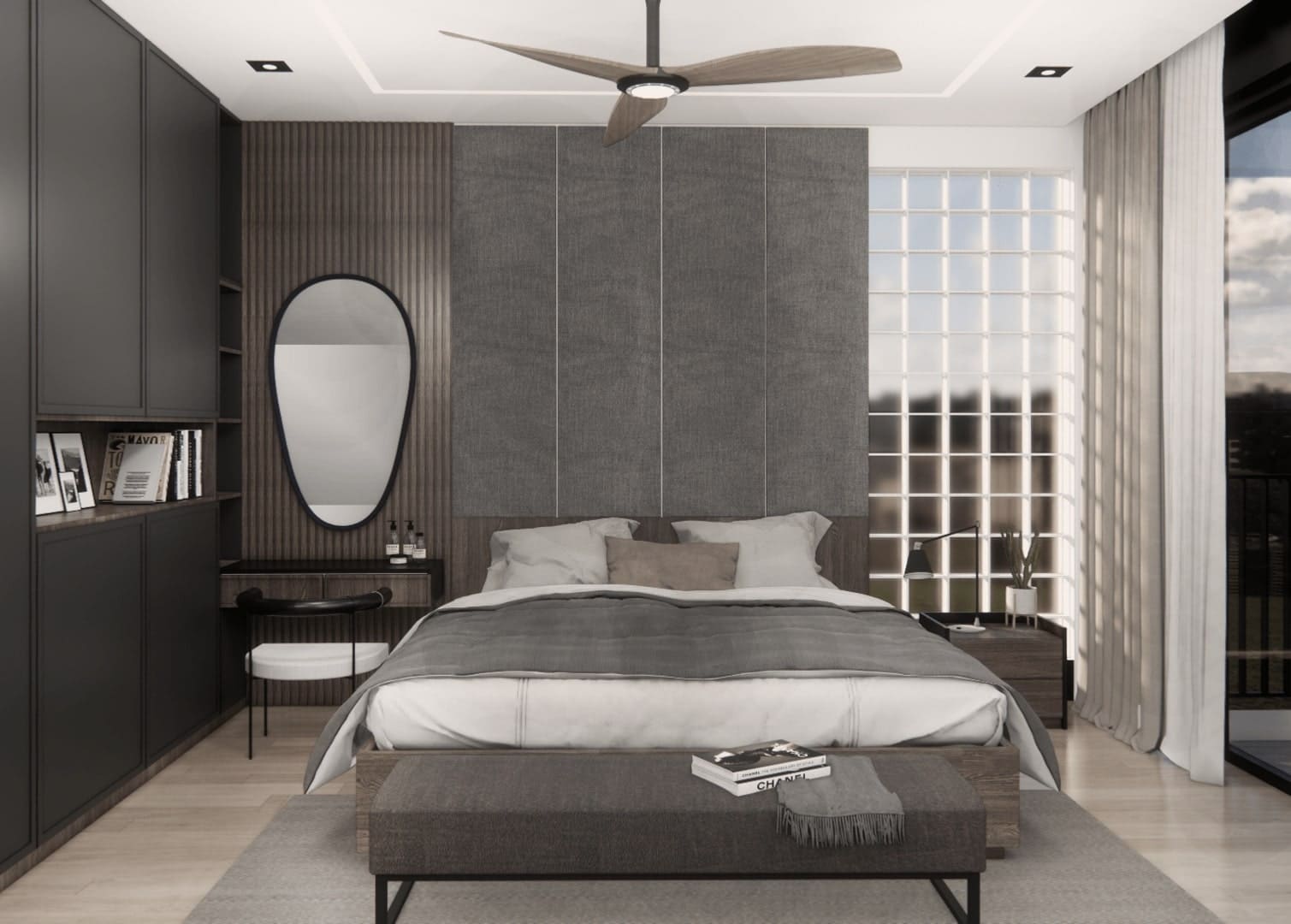 Modern bedroom with bed, bedding, and ceiling fan.