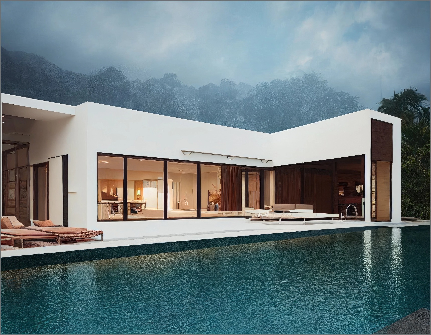 Modern villa with pool and forest backdrop at dusk