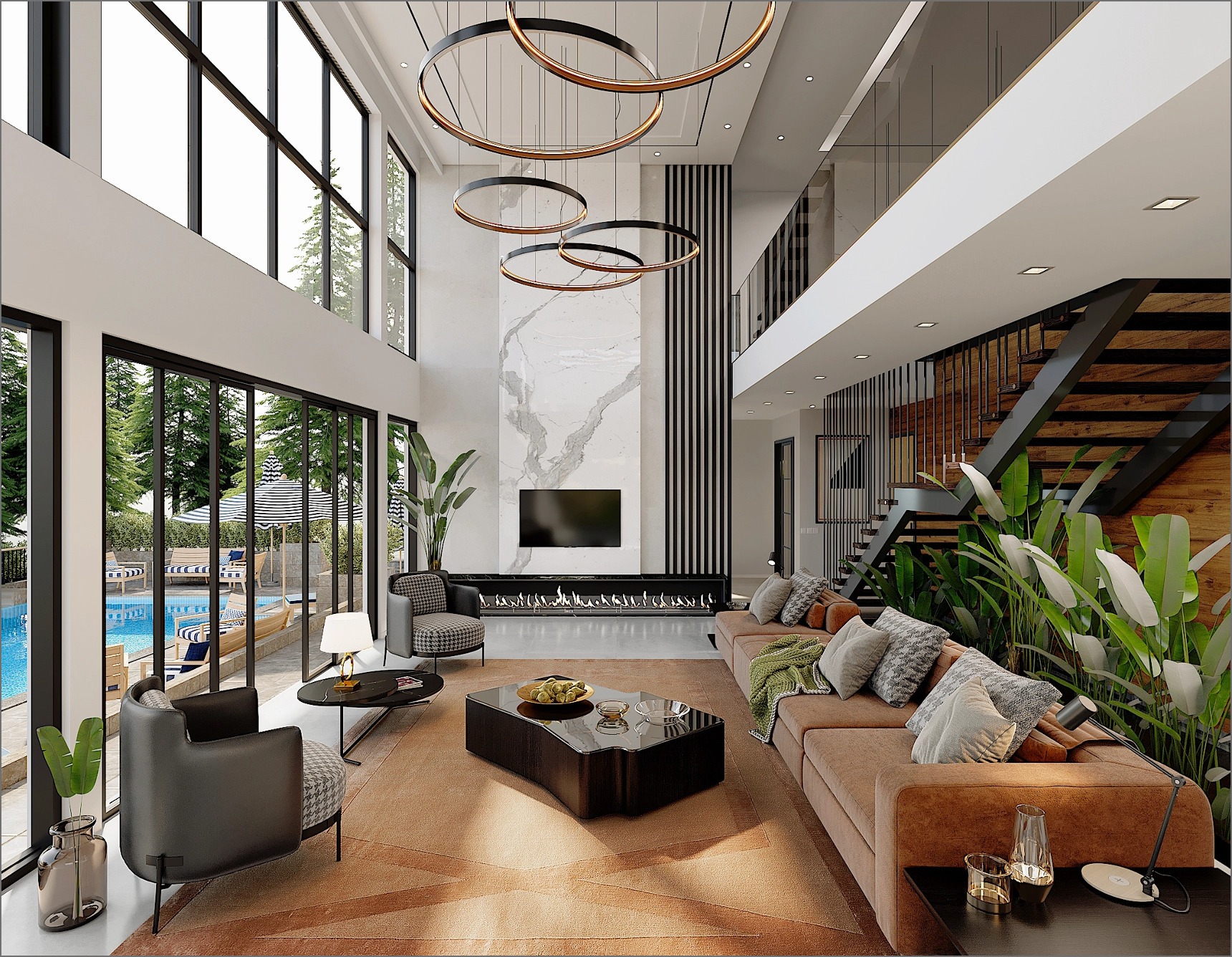 High-ceiling living room with pool view and modern decor