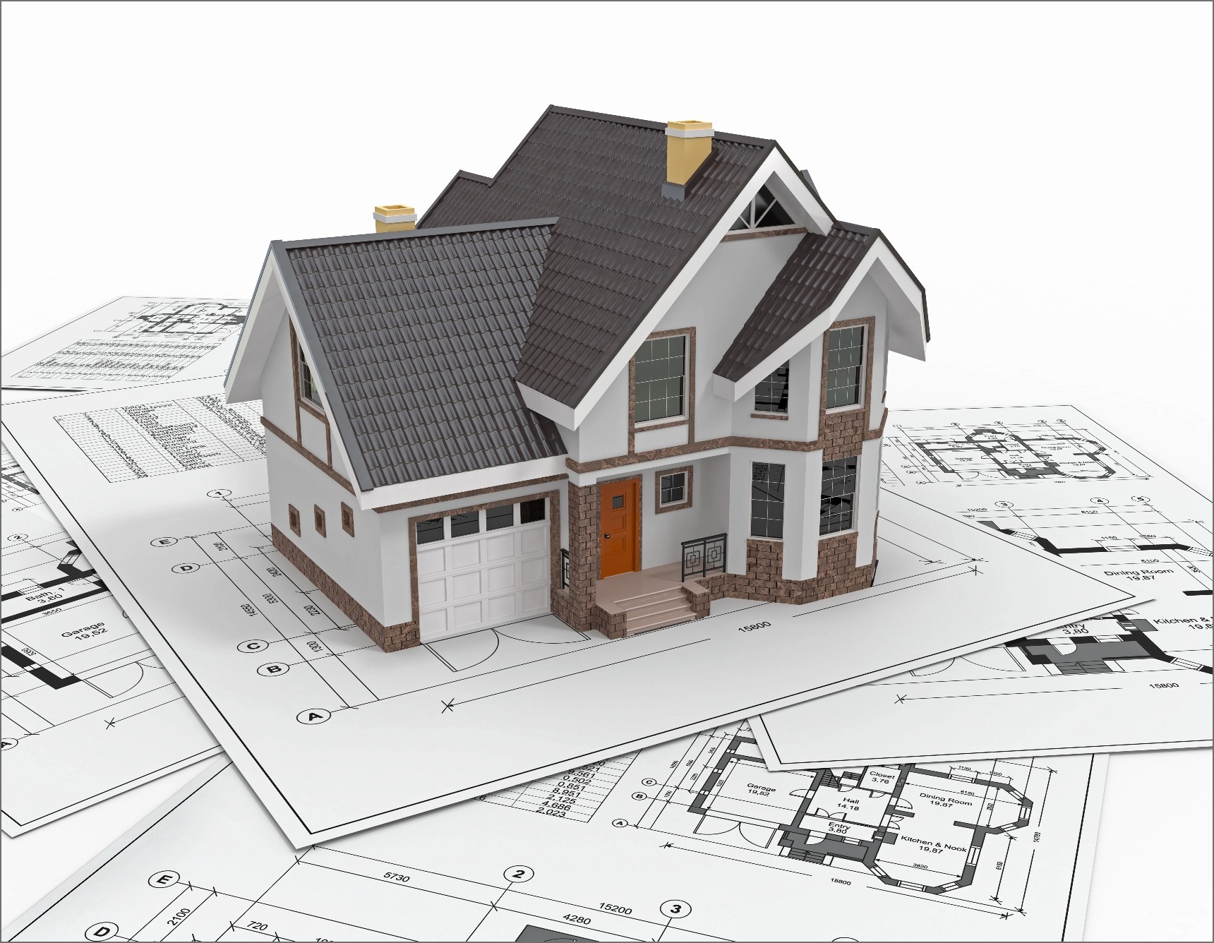 3D model of a house on architectural blueprints