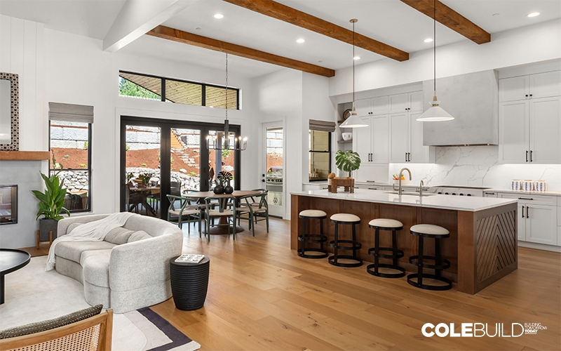 Kitchen and living room in newly constructed luxury home