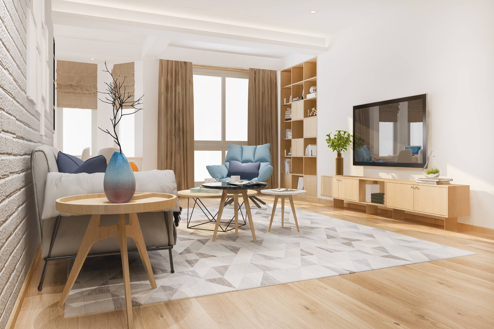 Living room with television, table, and cabinetry.