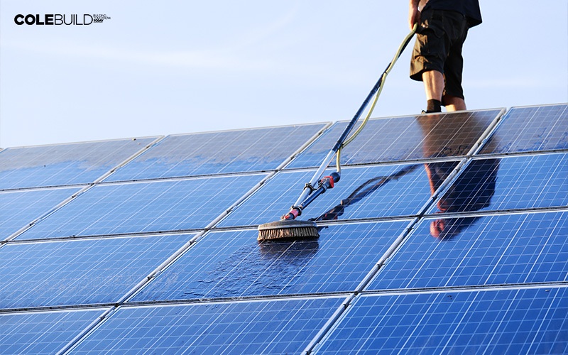 person cleaning solar panels