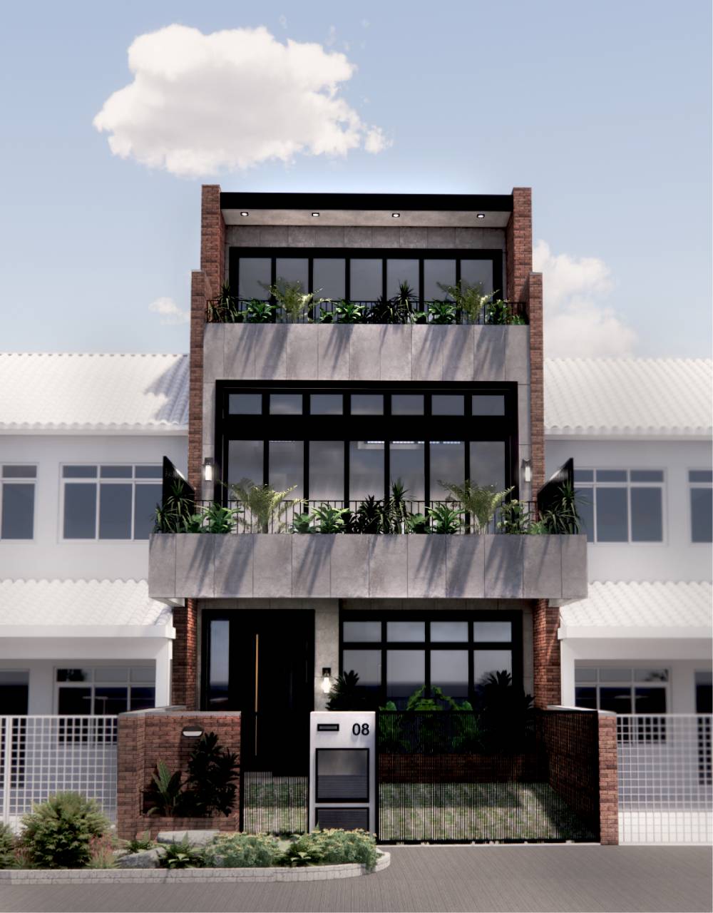 Brick apartment balcony with houseplant, multiple windows.