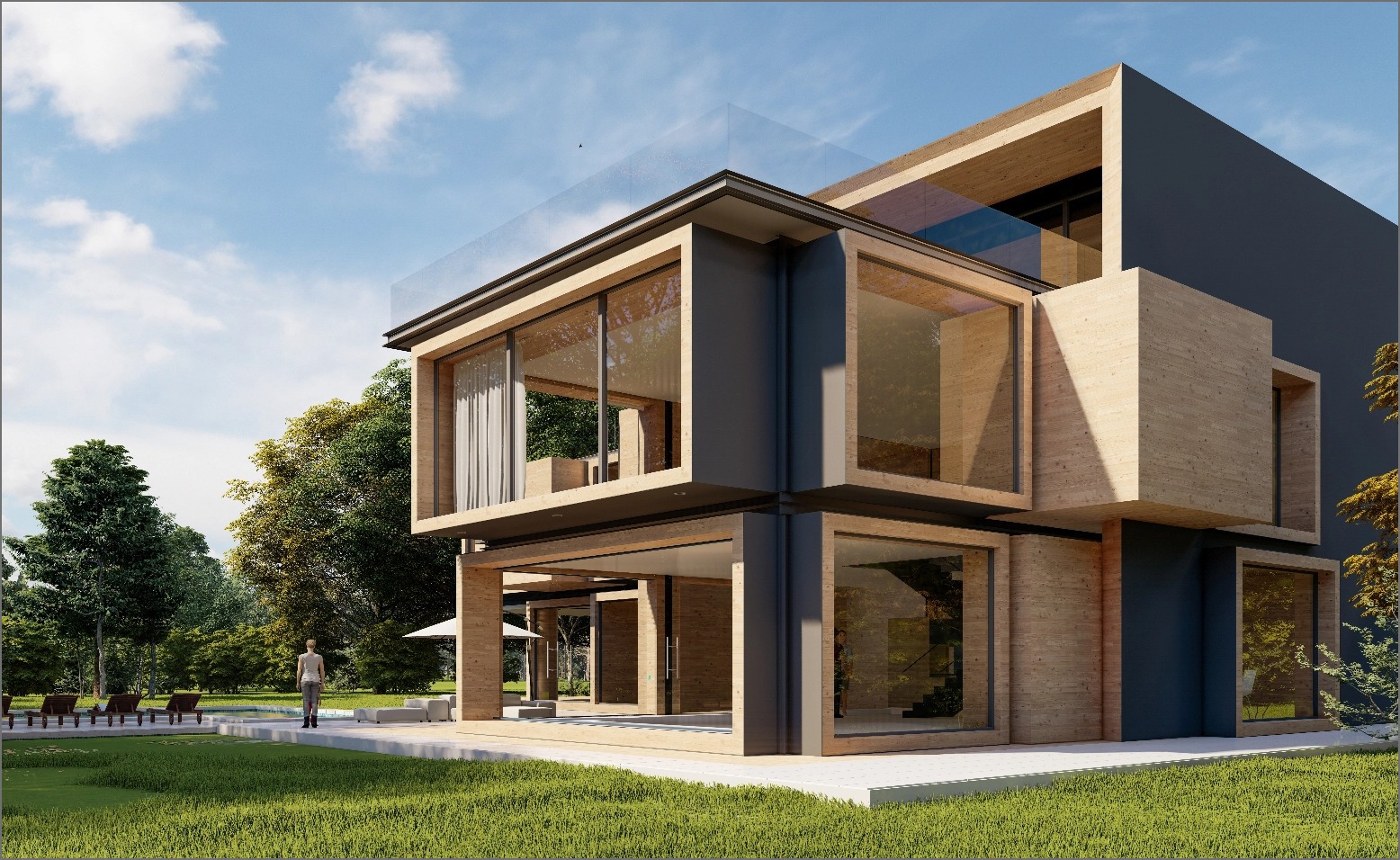 Modern cubic house with large windows in a garden setting