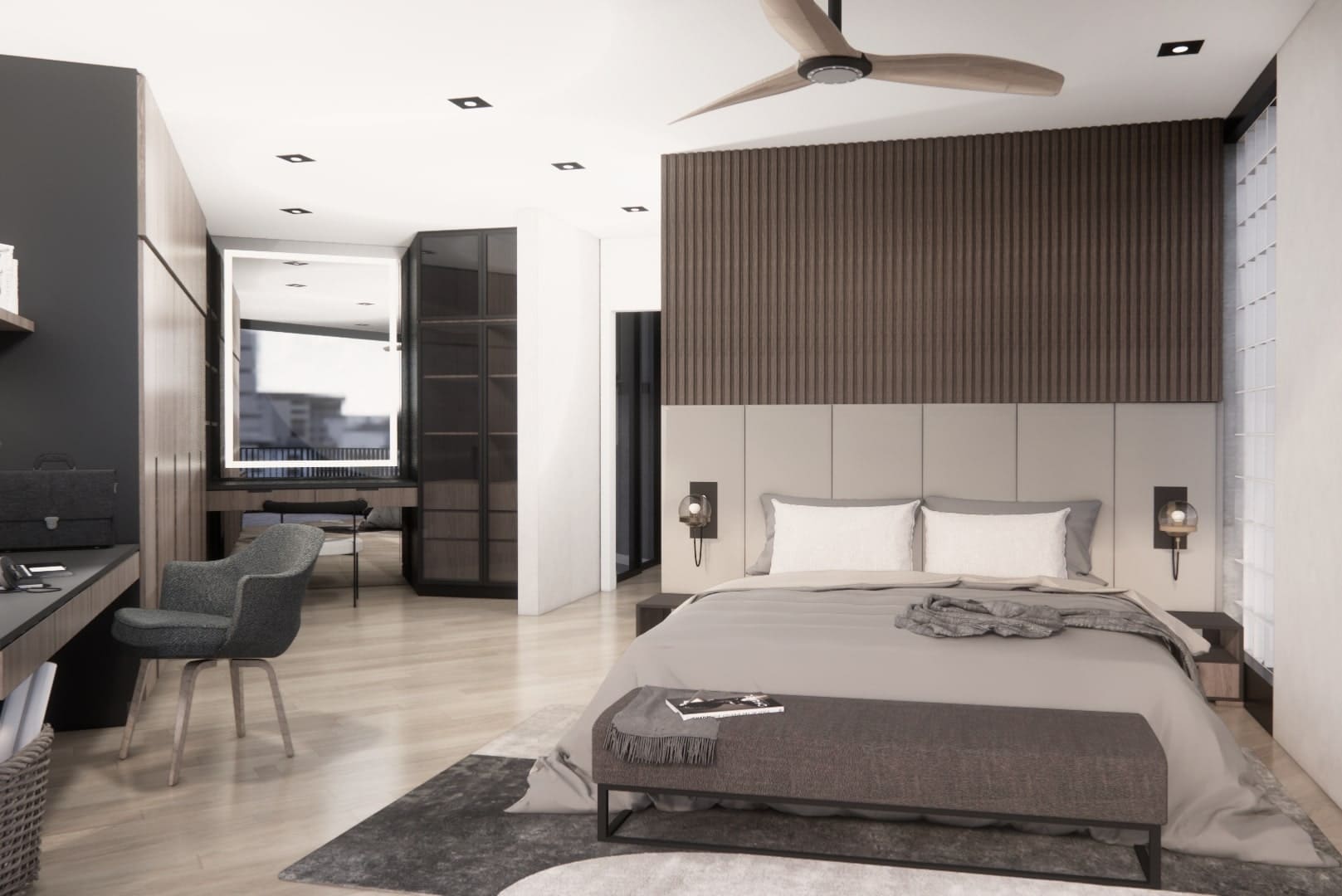 Modern bedroom with wooden flooring and ceiling fan.