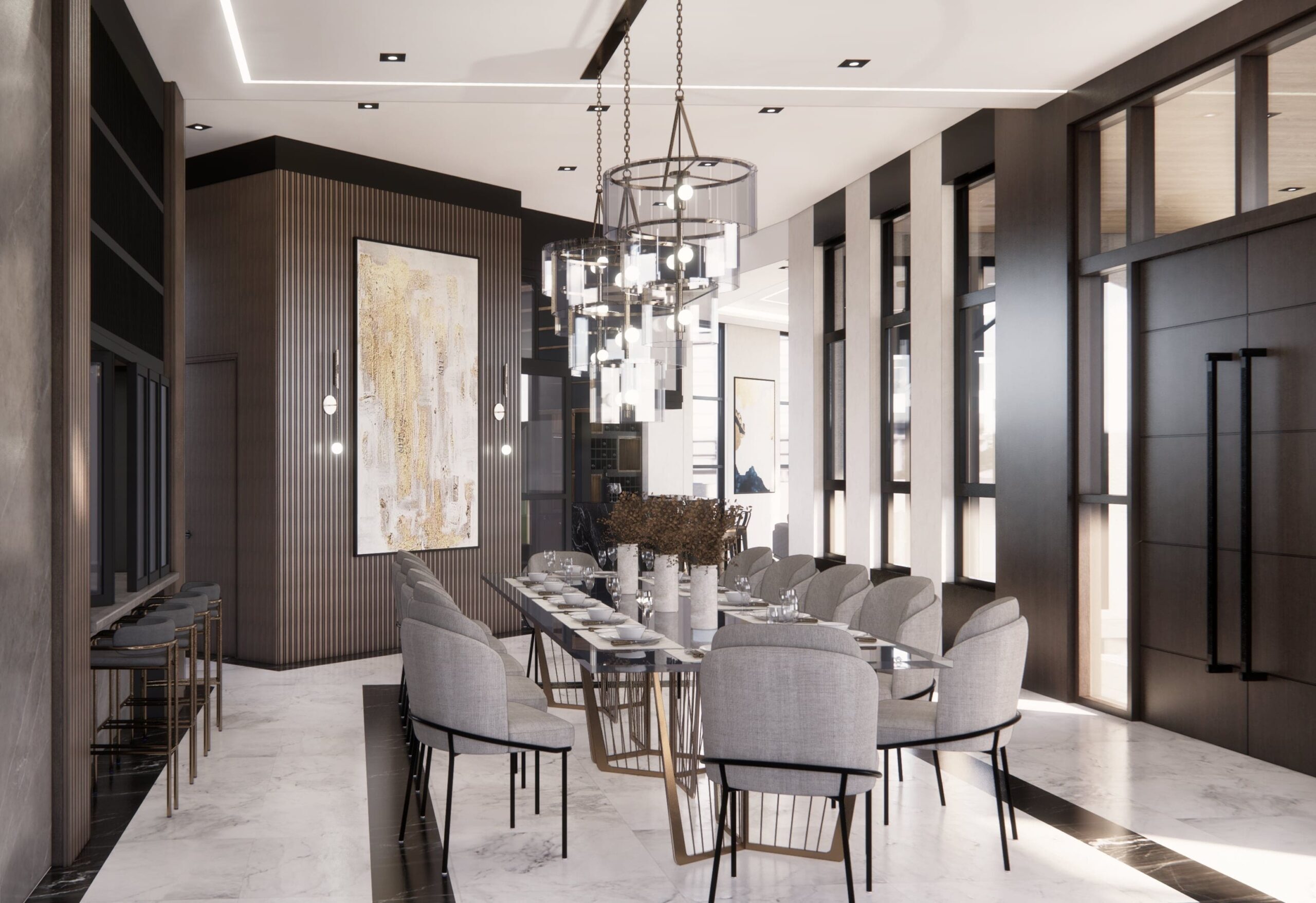Modern interior design with chairs and light fixtures.
